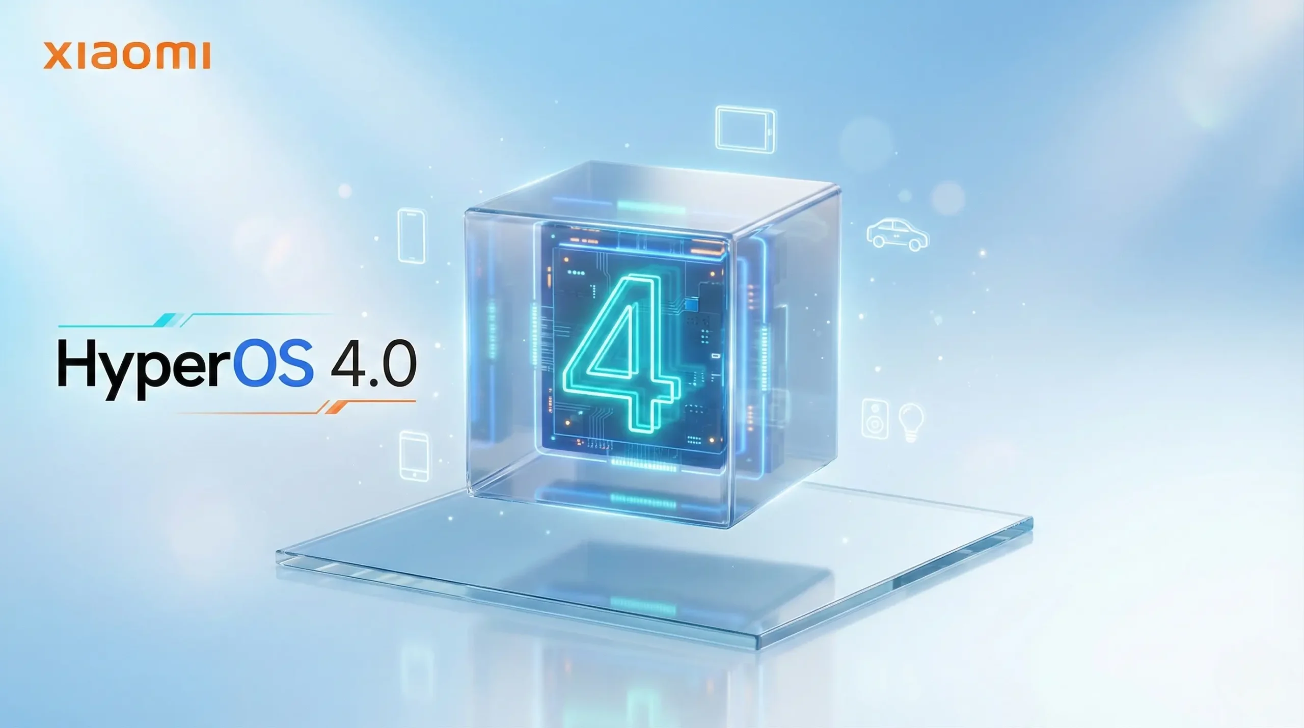 A futuristic tech banner featuring the text "HyperOS 4.0" in bold, glowing blue neon font against a bright sky-blue gradient background with a floating 3D glass cube and Xiaomi branding.