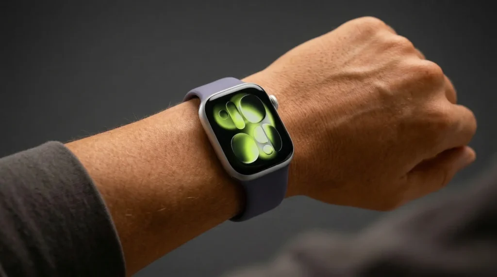 Apple Watch Series 11 worn on wrist showing health interface related to blood pressure monitoring against dark grey background