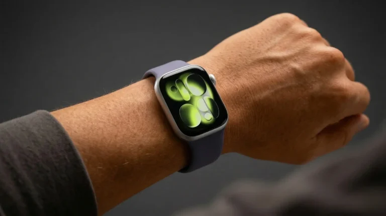 Apple Watch Series 11 worn on wrist showing health interface related to blood pressure monitoring against dark grey background