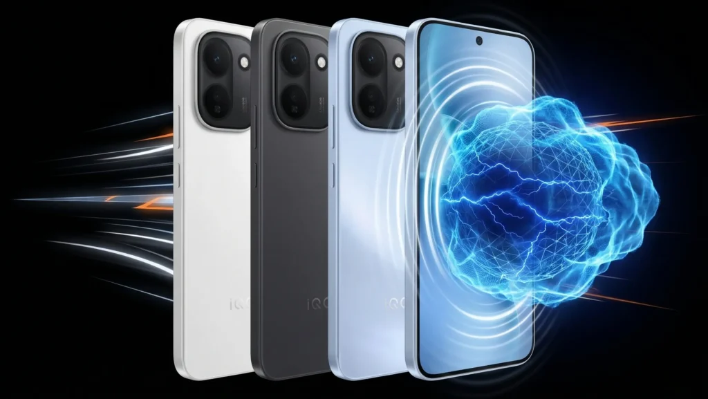 iQOO Z11 shown in three color options with front display, featuring dual rear cameras and a large glowing energy graphic highlighting battery performance on a dark background.
