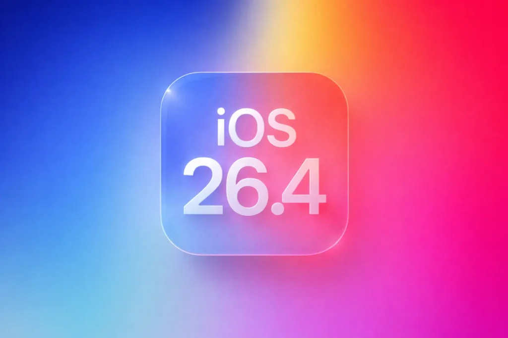 iOS 26.4 update icon with glassmorphism design on blue to pink gradient background