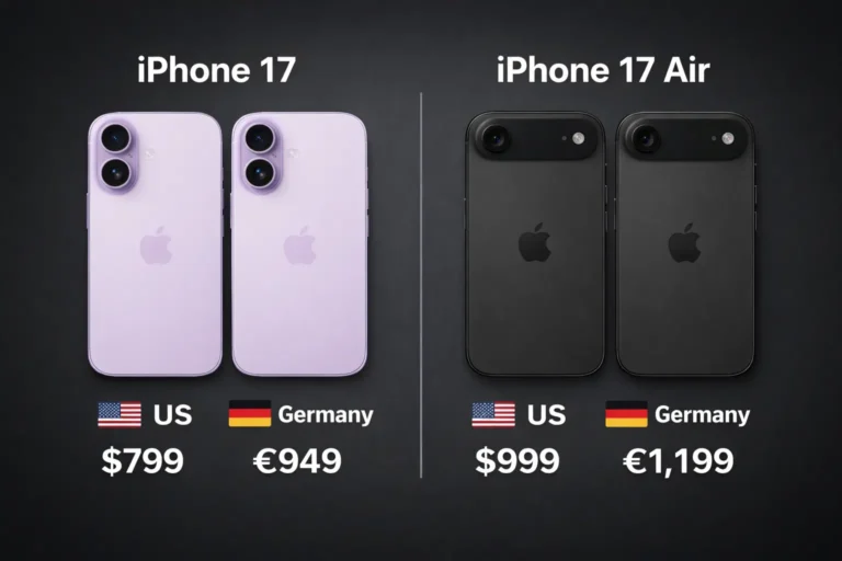 iPhone 17 and iPhone 17 Air price comparison showing US price $799 and $999 versus Germany price €949 and €1,199