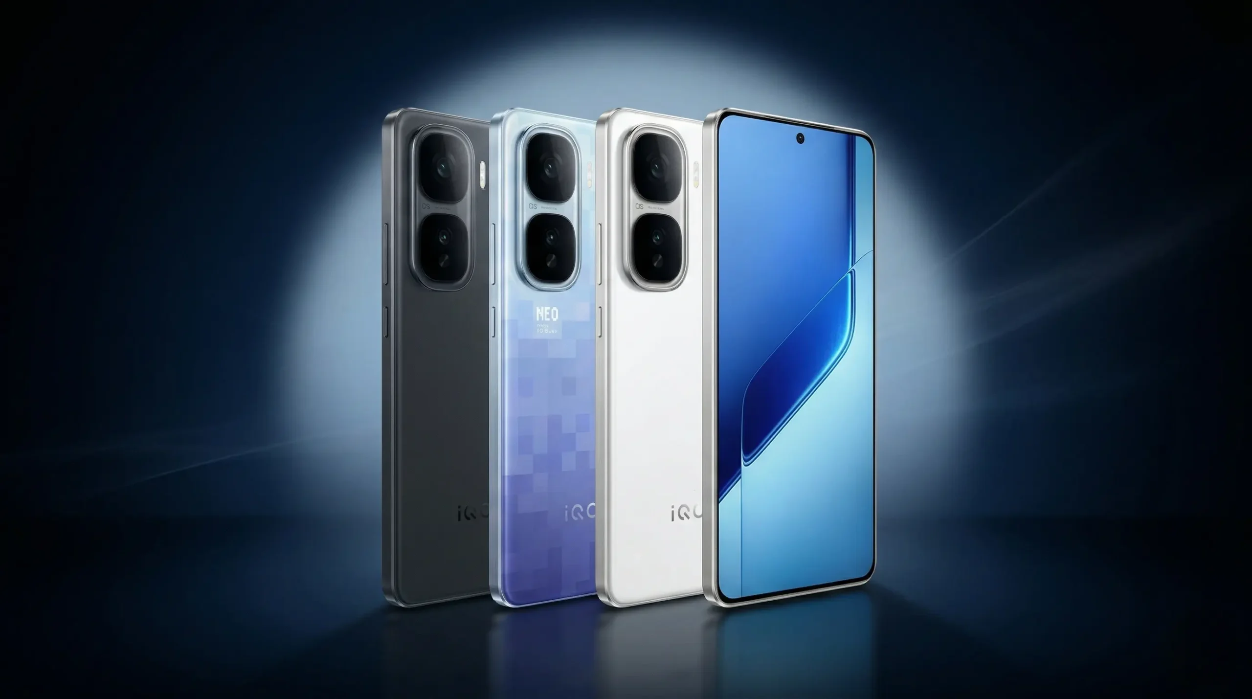 iQOO Neo 11 Pro renders on dark background showing multiple color variants and display design