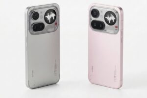 Nothing Phone 4a Pro back design showing white and pink color variants with Glyph interface and dual camera setup