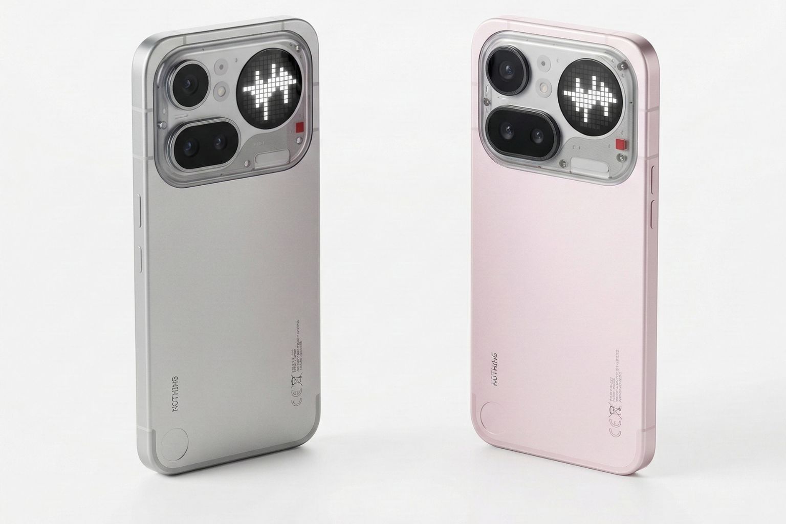 Nothing Phone 4a Pro back design showing white and pink color variants with Glyph interface and dual camera setup