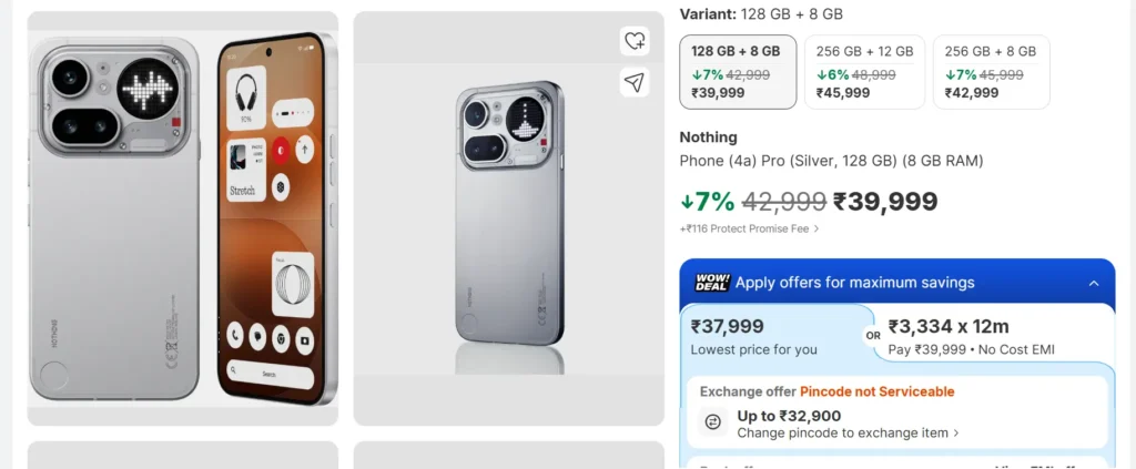 Nothing Phone 4a Pro price in India on Flipkart showing ₹39,999 launch offer and storage variants
