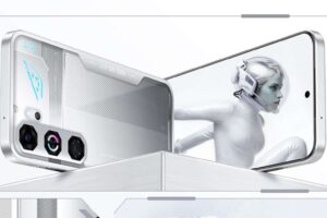 Nubia Neo 5 GT in White colorway showing rear cooling system design and front display at MWC 2026