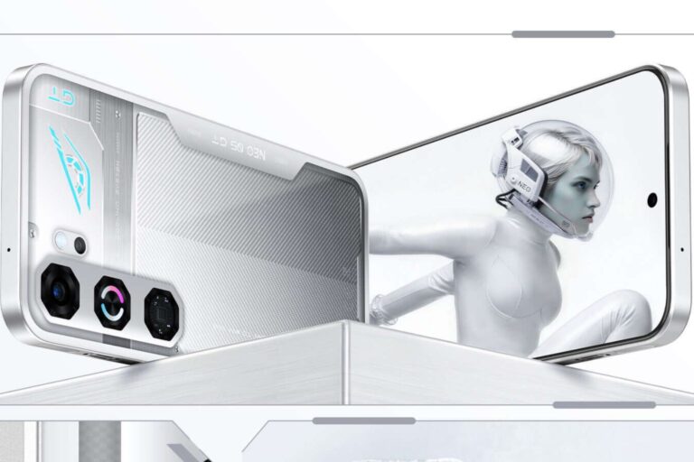 Nubia Neo 5 GT in White colorway showing rear cooling system design and front display at MWC 2026