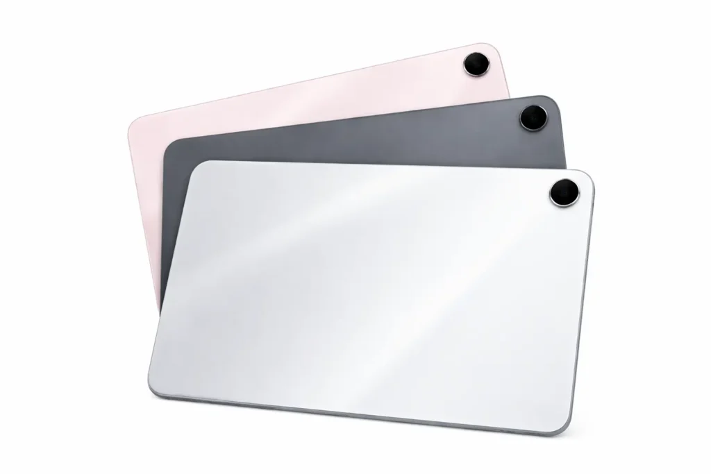 Oppo Pad 5 tablet showing three color options including silver, grey, and pink rear design