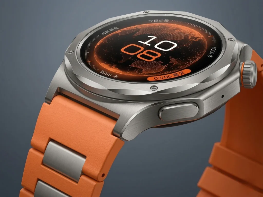 Oppo Watch X3 titanium smartwatch close up with orange strap and LTPO display