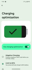 Google Pixel charging optimization setting showing battery limit to 80 percent