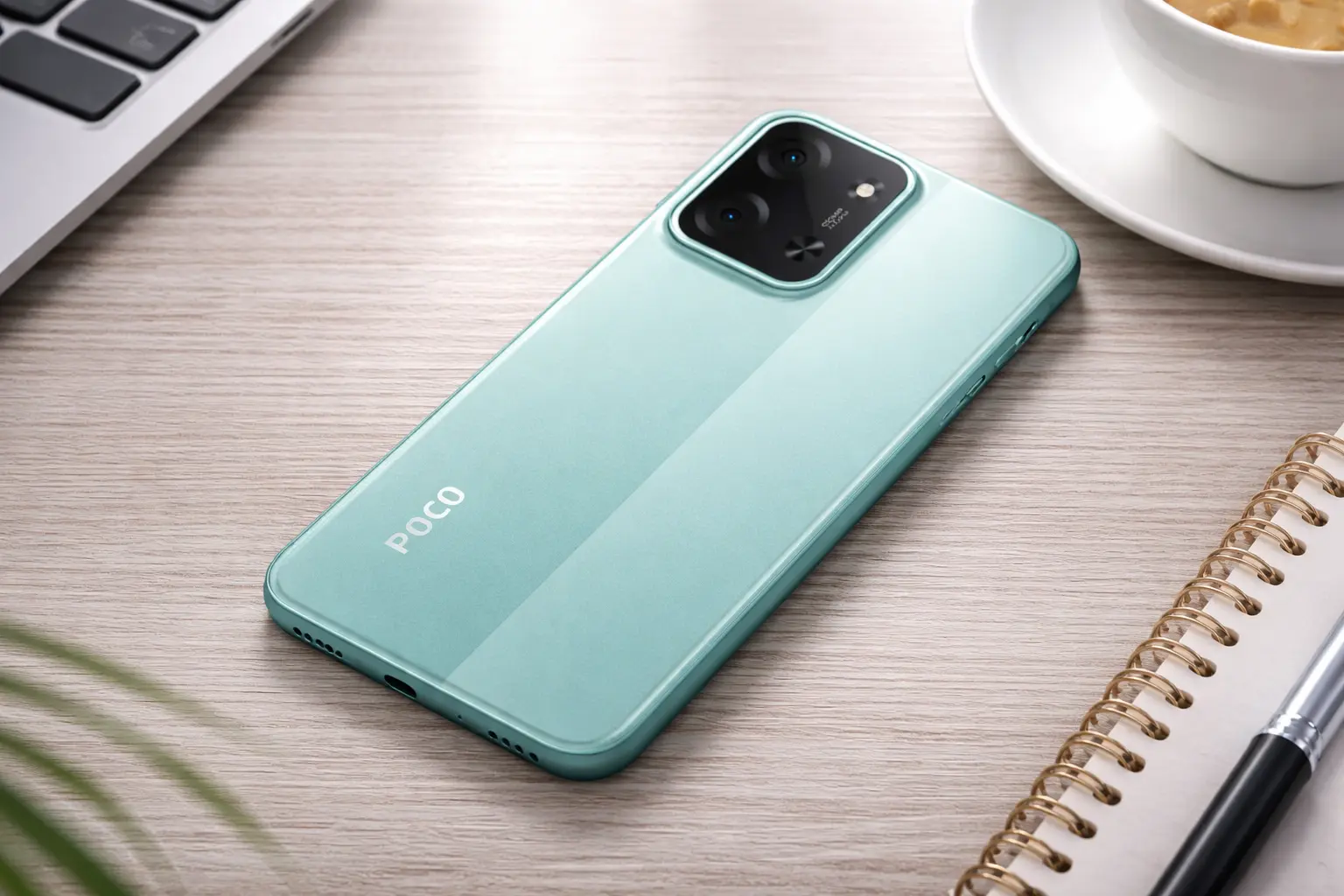 Poco C85x 5G rear design placed on a wooden table showing the camera module and back panel