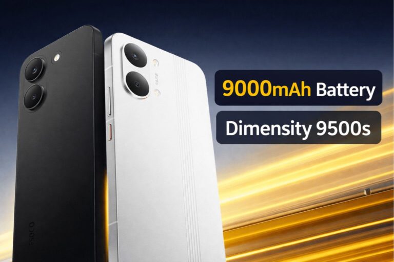 POCO X8 Pro Max leaked design showing dual cameras with 9000mAh battery and Dimensity 9500s processor highlight
