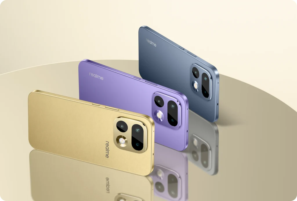 Realme 16 5G selfie mirror design showing gold, purple and blue color options with dual camera module