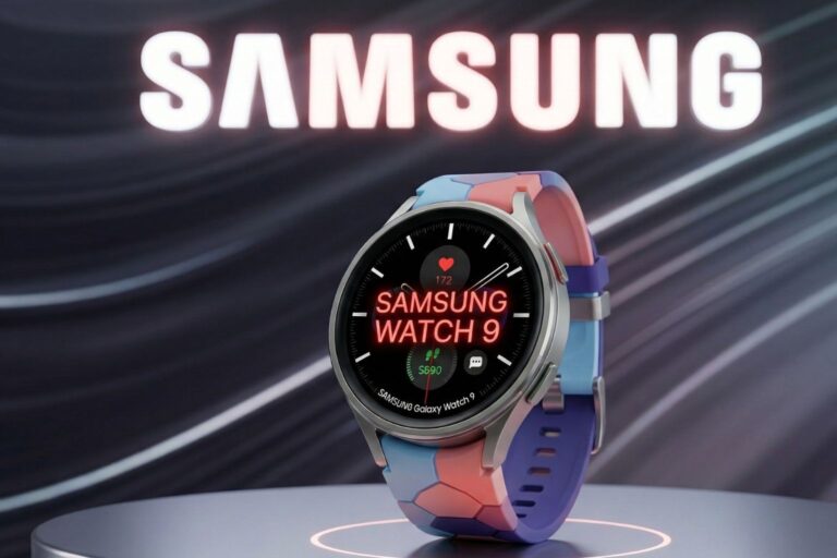 AI generated render of Samsung Galaxy Watch 9 smartwatch with round display and fitness tracking interface