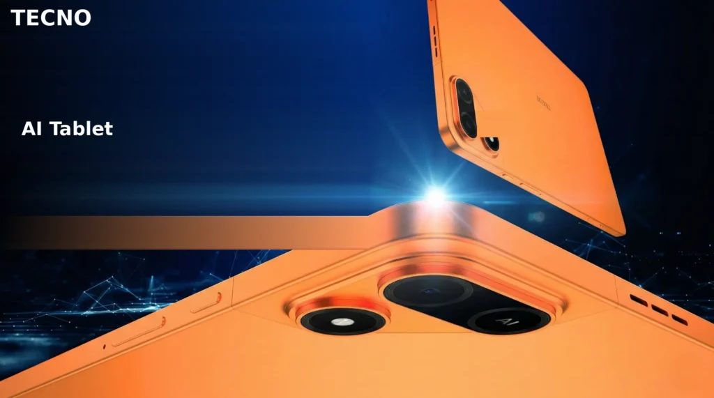 Tecno Megapad 2 AI tablet officially unveiled at MWC 2026, featuring a slim 6.6mm design with dual-camera setup on an orange back panel, showcased against a dark blue tech background.