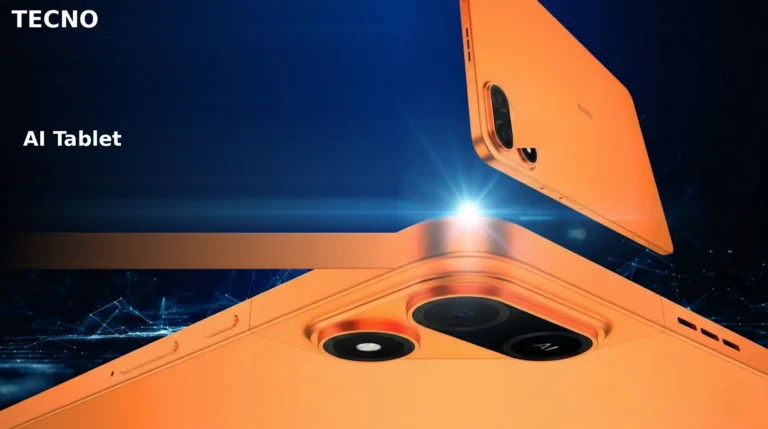 Tecno Megapad 2 AI tablet officially unveiled at MWC 2026, featuring a slim 6.6mm design with dual-camera setup on an orange back panel, showcased against a dark blue tech background.
