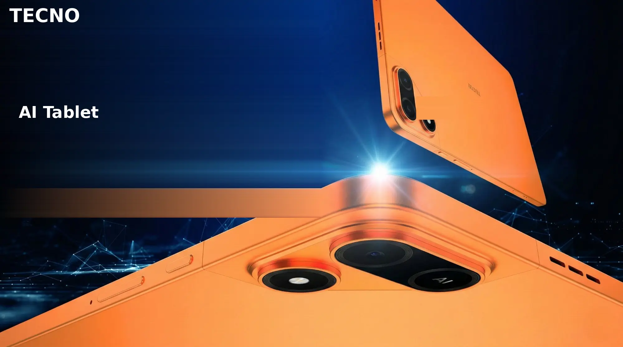 Tecno Megapad 2 AI tablet officially unveiled at MWC 2026, featuring a slim 6.6mm design with dual-camera setup on an orange back panel, showcased against a dark blue tech background.