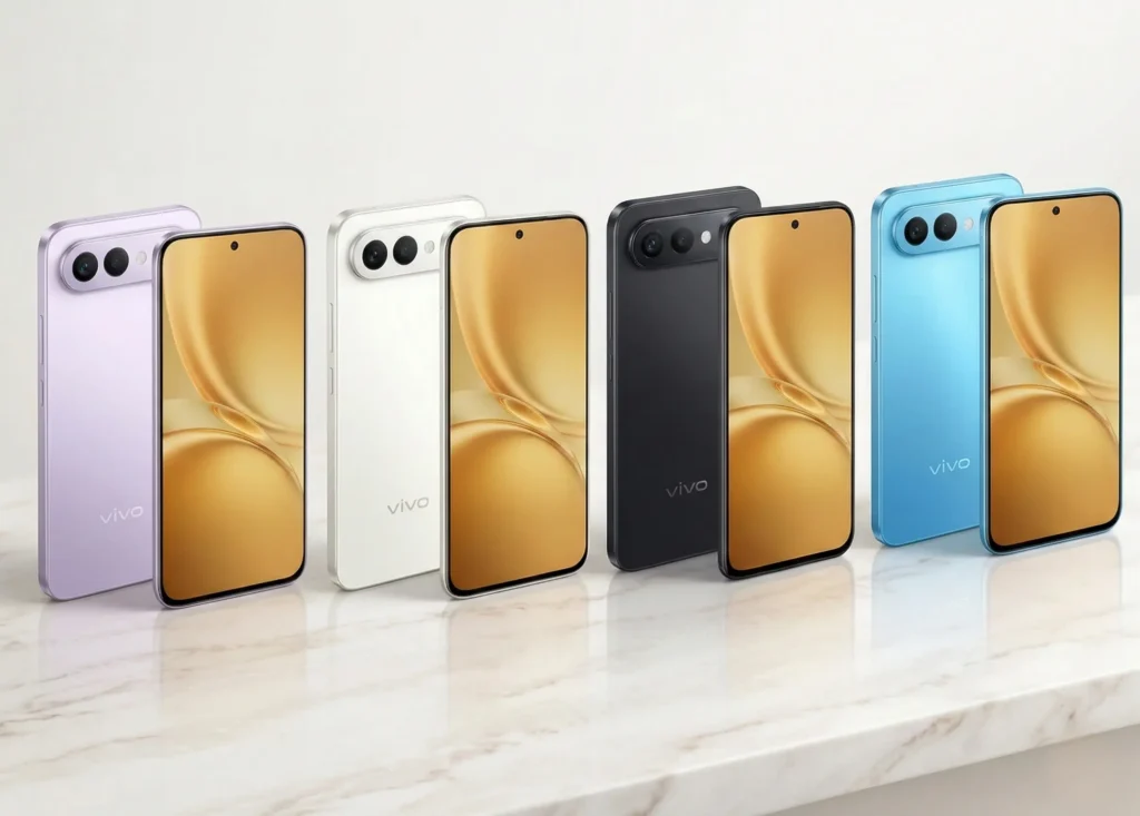 Vivo X300 FE smartphones displayed in all four colour options — Lilac Purple, Moonlight White, Graphite Black, and Sky Blue — showing front and rear design