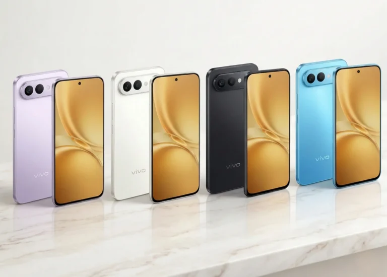 Vivo X300 FE smartphones displayed in all four colour options — Lilac Purple, Moonlight White, Graphite Black, and Sky Blue — showing front and rear design