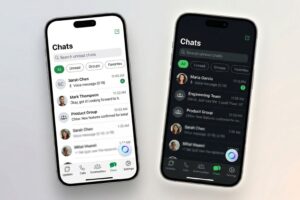 WhatsApp Liquid Glass voice note player redesign shown in light and dark mode on iPhone