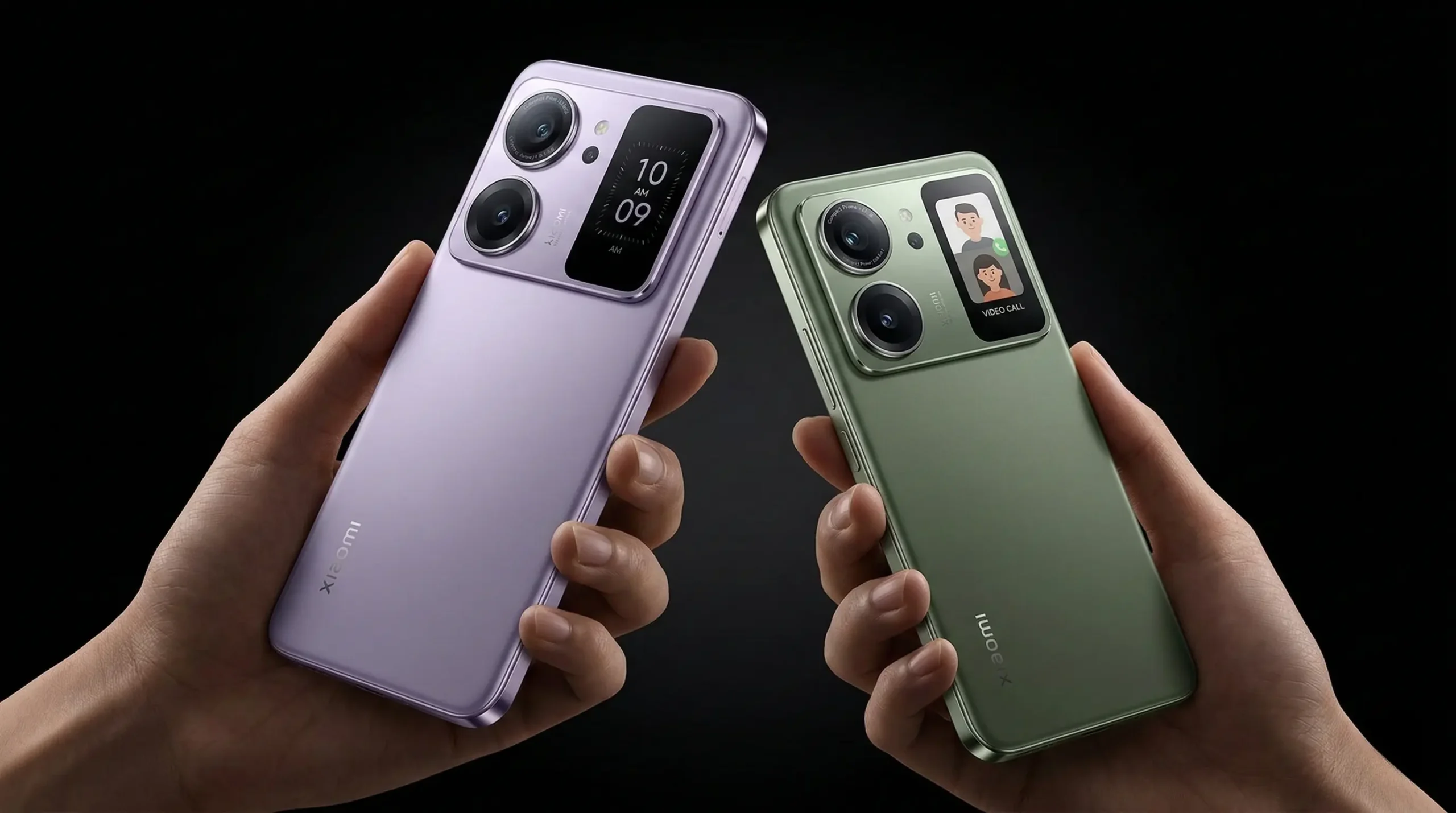 Xiaomi 17 compact flagship smartphone showing dual camera module and secondary rear display in purple and green colors