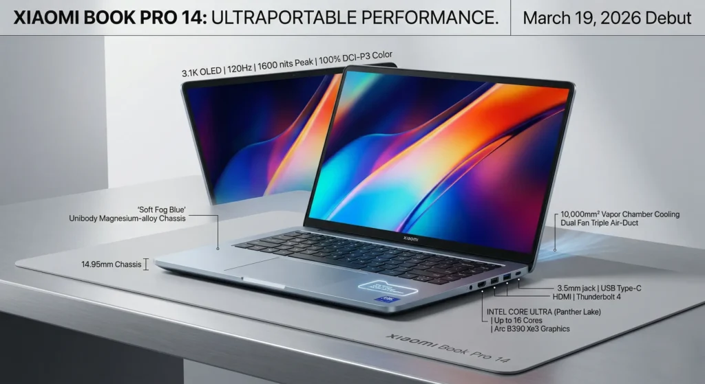 Xiaomi Book Pro 14 specs overview showing OLED display, Intel Core Ultra processor, ports and design features