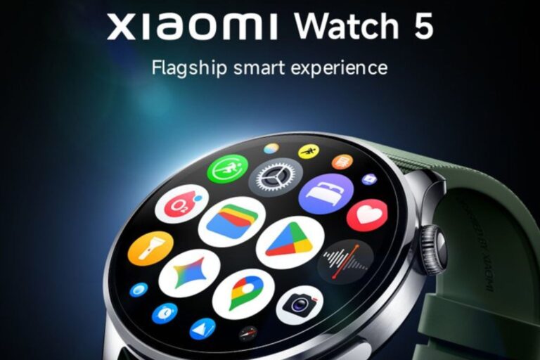 Xiaomi Watch 5 smartwatch showing app interface on AMOLED display