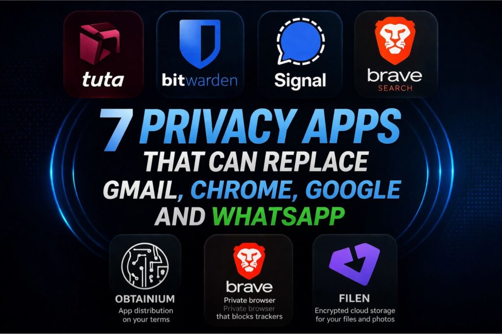 7 privacy apps that replace Gmail Chrome Google and WhatsApp including Tuta Bitwarden Signal Brave Search Filen and Obtainium