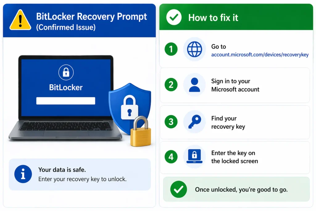 Infographic showing a BitLocker recovery prompt issue on a laptop screen with a lock icon, alongside four simple steps: go to Microsoft recovery page, sign in, find recovery key, and enter it to unlock the PC.