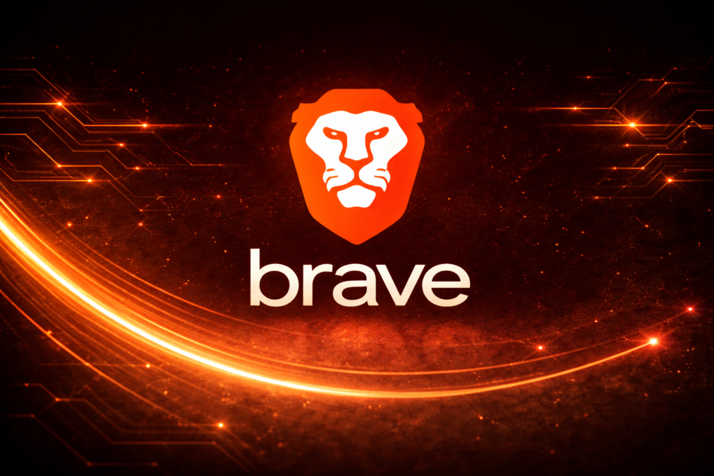 Brave browser logo on dark background with orange glow and privacy-focused tech theme