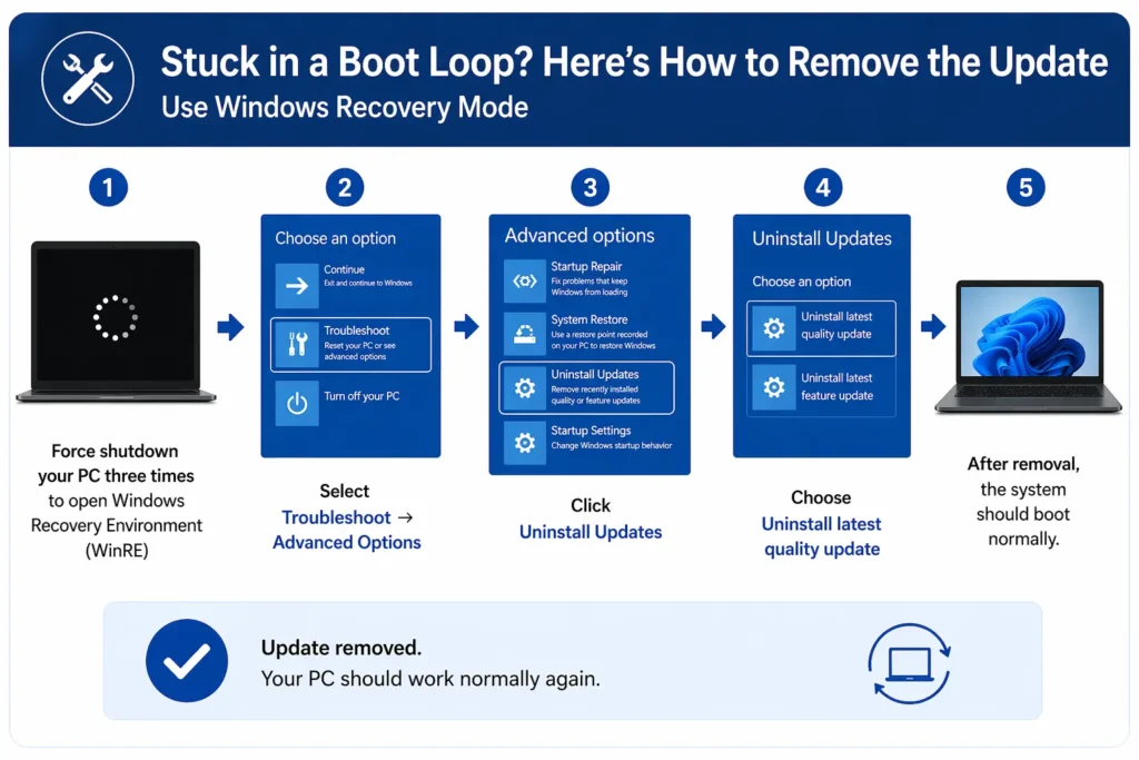 “Step-by-step infographic showing how to fix a Windows boot loop using recovery mode: enter WinRE, go to Troubleshoot, open Advanced Options, uninstall latest update, and restart normally.”
