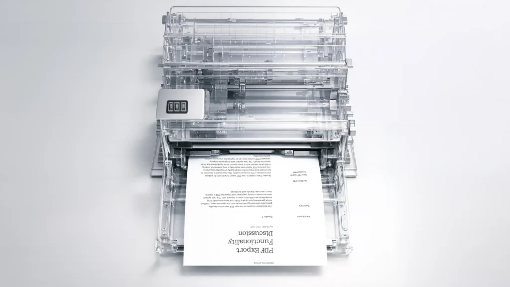 Transparent printer printing a PDF document representing Nothing Essential Space upgraded PDF export feature