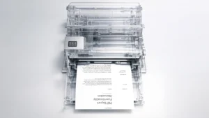 Transparent printer printing a PDF document representing Nothing Essential Space upgraded PDF export feature