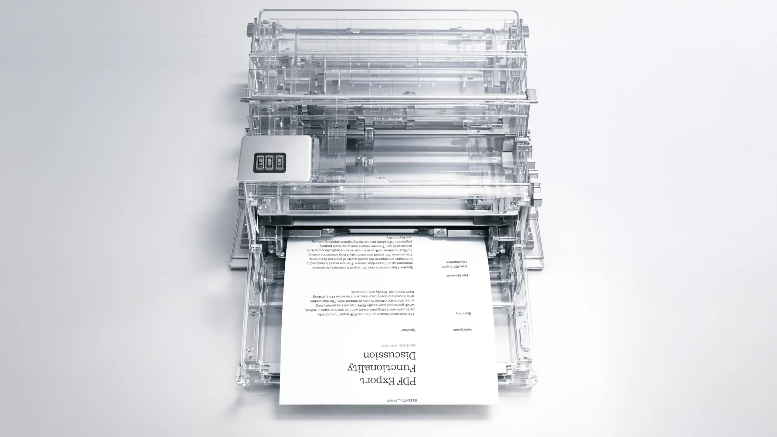 Transparent printer printing a PDF document representing Nothing Essential Space upgraded PDF export feature