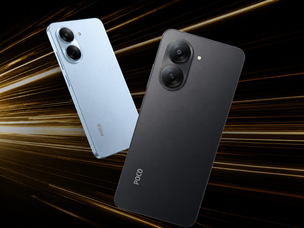 Two POCO smartphones in black and light blue finishes