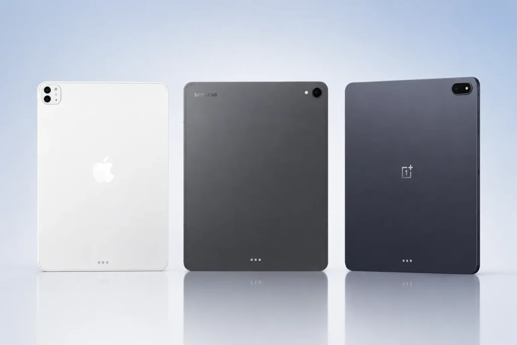 Three premium 5G tablets standing side by side on a reflective surface, featuring a white Apple iPad, gray Samsung Galaxy Tab, and blue OnePlus Pad in a clean minimalist studio setup.