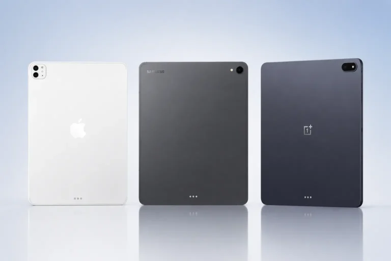 Three premium 5G tablets standing side by side on a reflective surface, featuring a white Apple iPad, gray Samsung Galaxy Tab, and blue OnePlus Pad in a clean minimalist studio setup.
