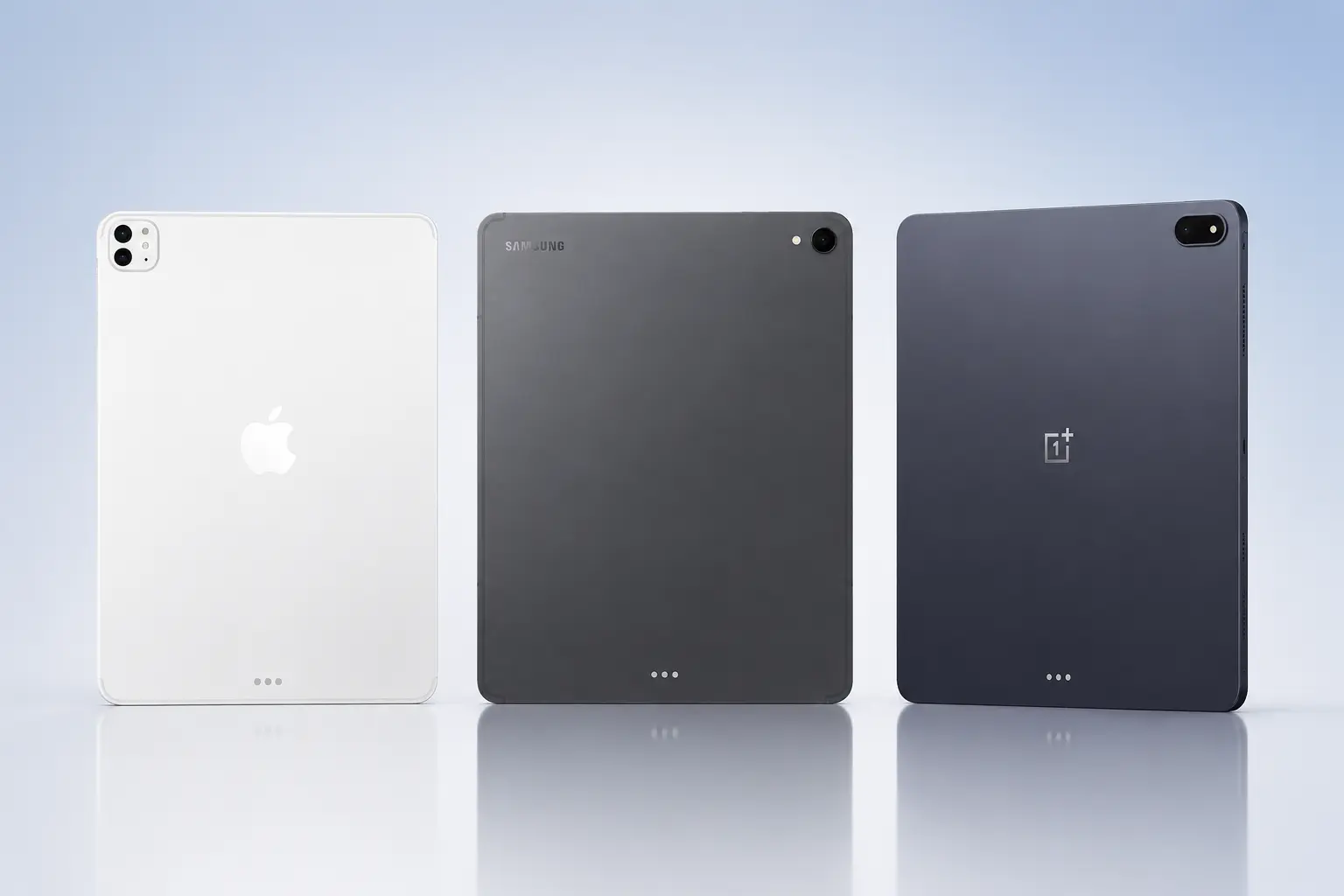 Three premium 5G tablets standing side by side on a reflective surface, featuring a white Apple iPad, gray Samsung Galaxy Tab, and blue OnePlus Pad in a clean minimalist studio setup.